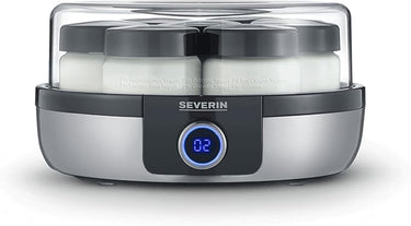 SEVERIN Yogurtera digital, mini yogurtera con 5 programas automáticos incluidos para hacer yogur casero, con 7 tarros con tapa, sin BPA, acero inoxidable cepillado/negro, JG 3521